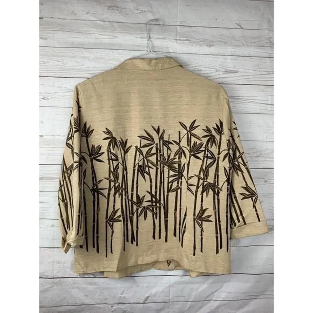 Saint Tropez West Button Front Woman‎ Jacket Tan/Brown bamboo print 100% silk